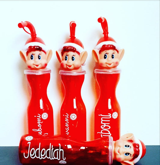 Personalised elf water bottle with cute elf head lid and custom name, Christmas stocking filler