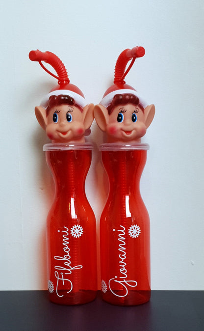 Close-up of personalised name on elf water bottle for kids