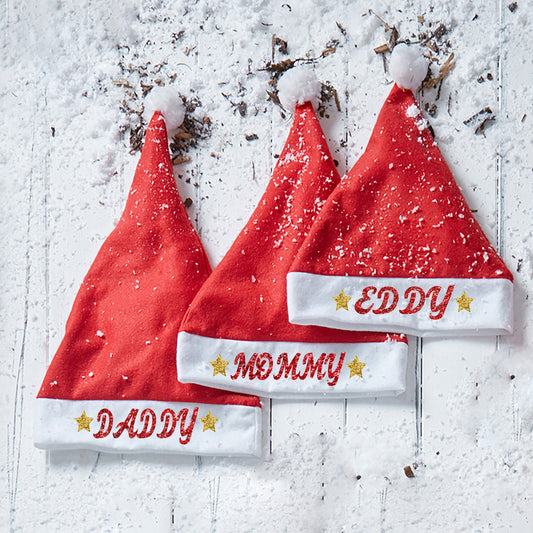 Personalised red Santa hat with glitter name and gold stars, available in three sizes for kids and adults