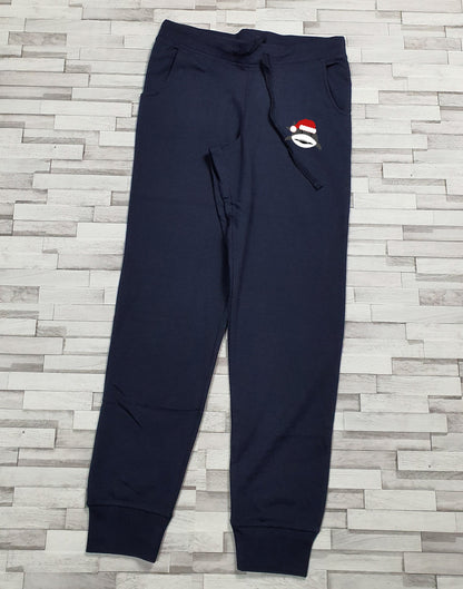 Children's personalised shark Christmas pyjama set showing top and navy sweat pants