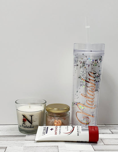 Himalayan salt bath salts and hand cream included in personalised bridal party gift box