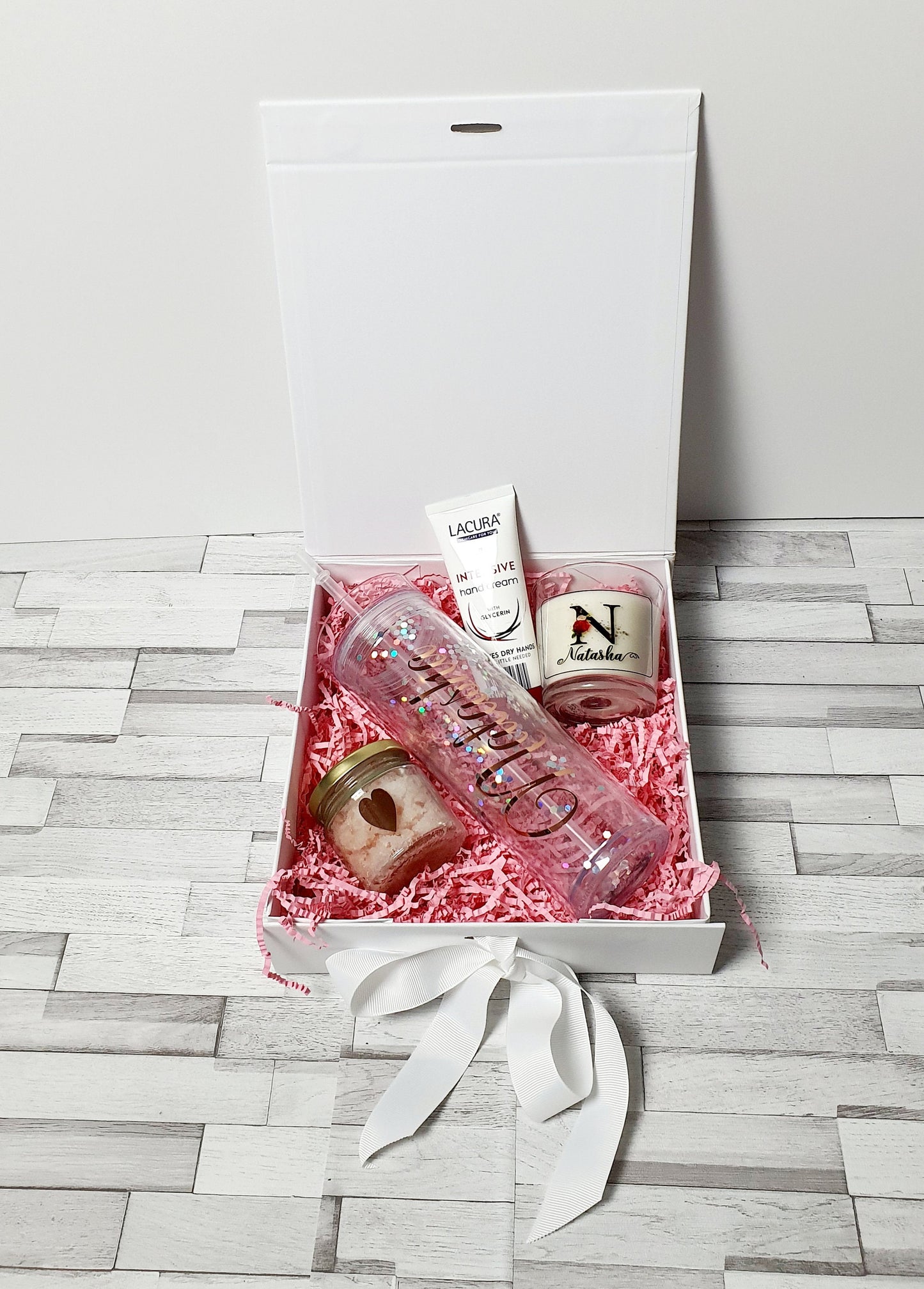 Personalised bridesmaid gift box filled with glitter cup, candle, bath salts and hand cream