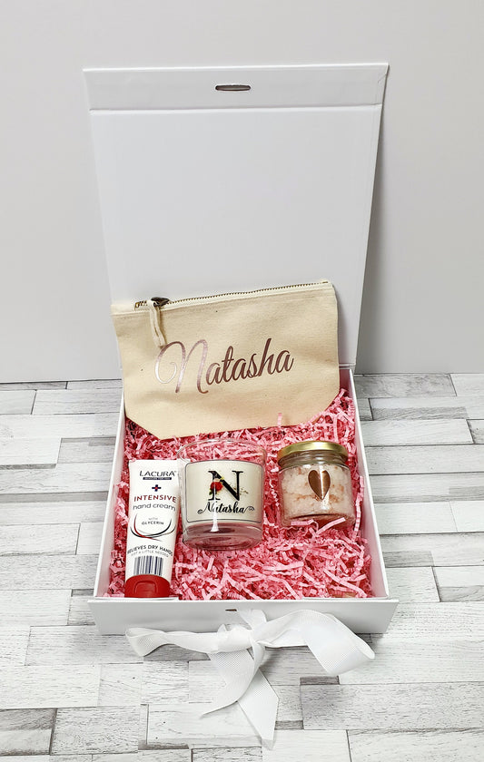 Personalised gift box set with make-up bag, candle, bath salts and hand cream in magnetic box