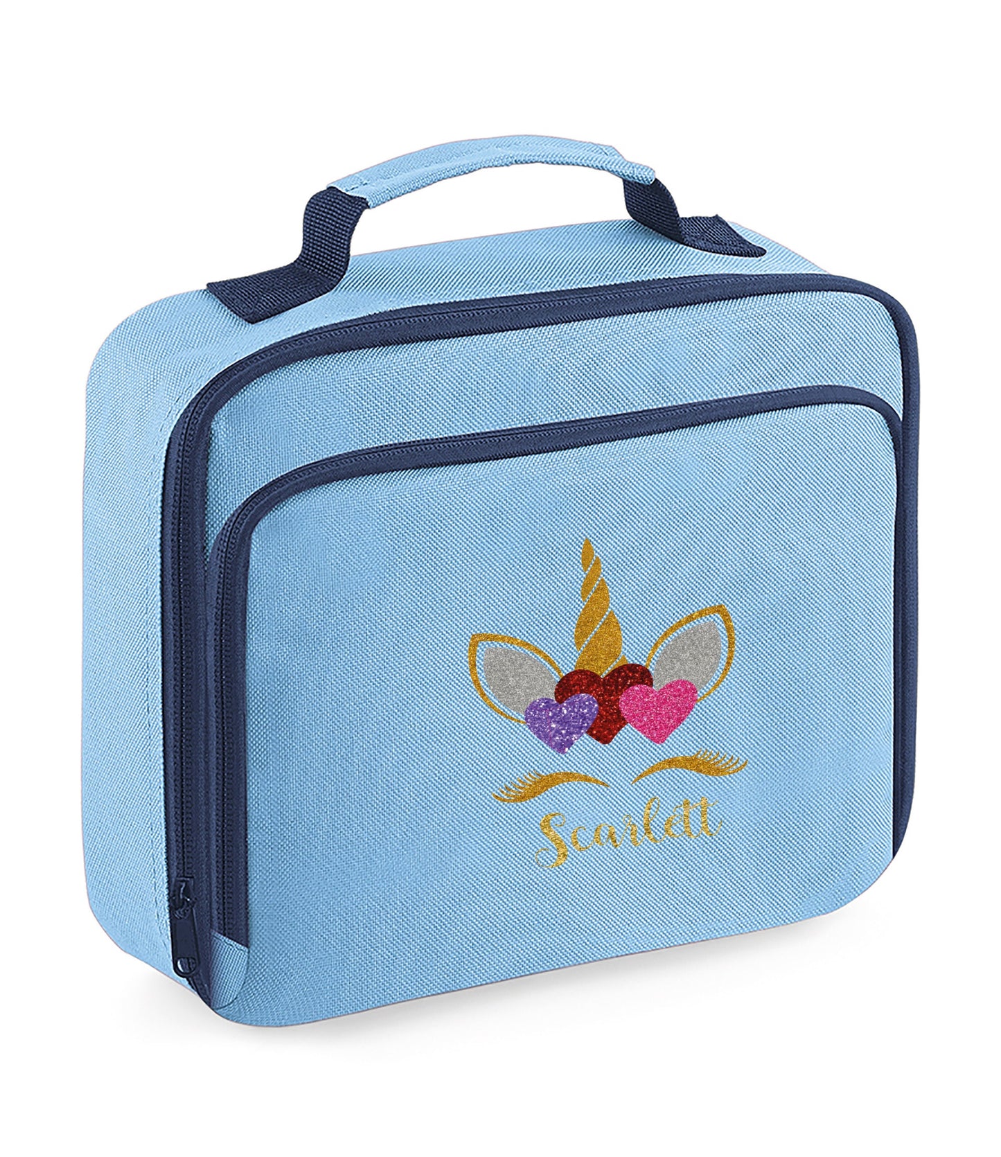 Range of personalised unicorn lunch bags in four colours showing design and size