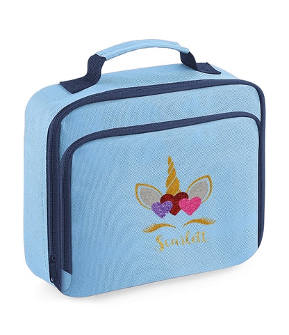 Range of personalised unicorn lunch bags in four colours showing design and size