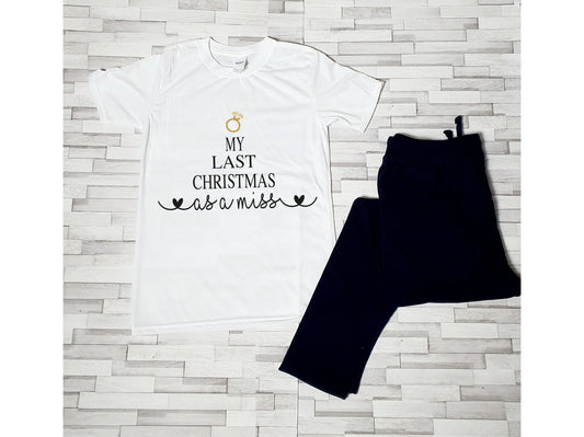 Last Christmas as a Miss pyjama set with round-neck top and long sweatpants for brides-to-be