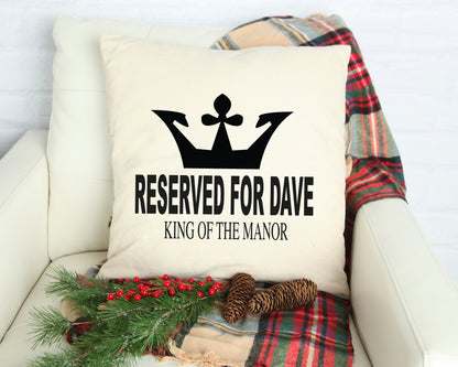 King of the Manor personalised cushion showing partner name personalisation
