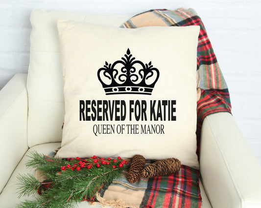 Queen of the Manor personalised cushion with couple names, fun home decor gift