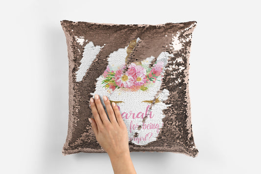 Personalised champagne unicorn sequin reversible pillow showing hidden unicorn design revealed