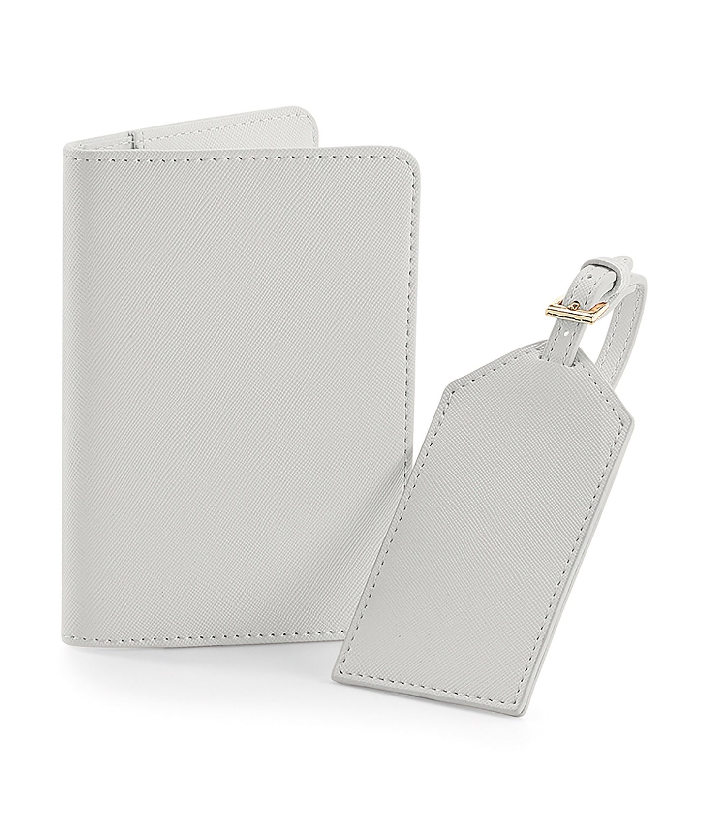 Personalised luggage tag with gold metal buckle and monogram initials in gold foil