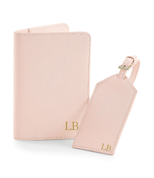 Personalised monogram passport cover and luggage tag set in Saffiano faux leather with gold foil initials