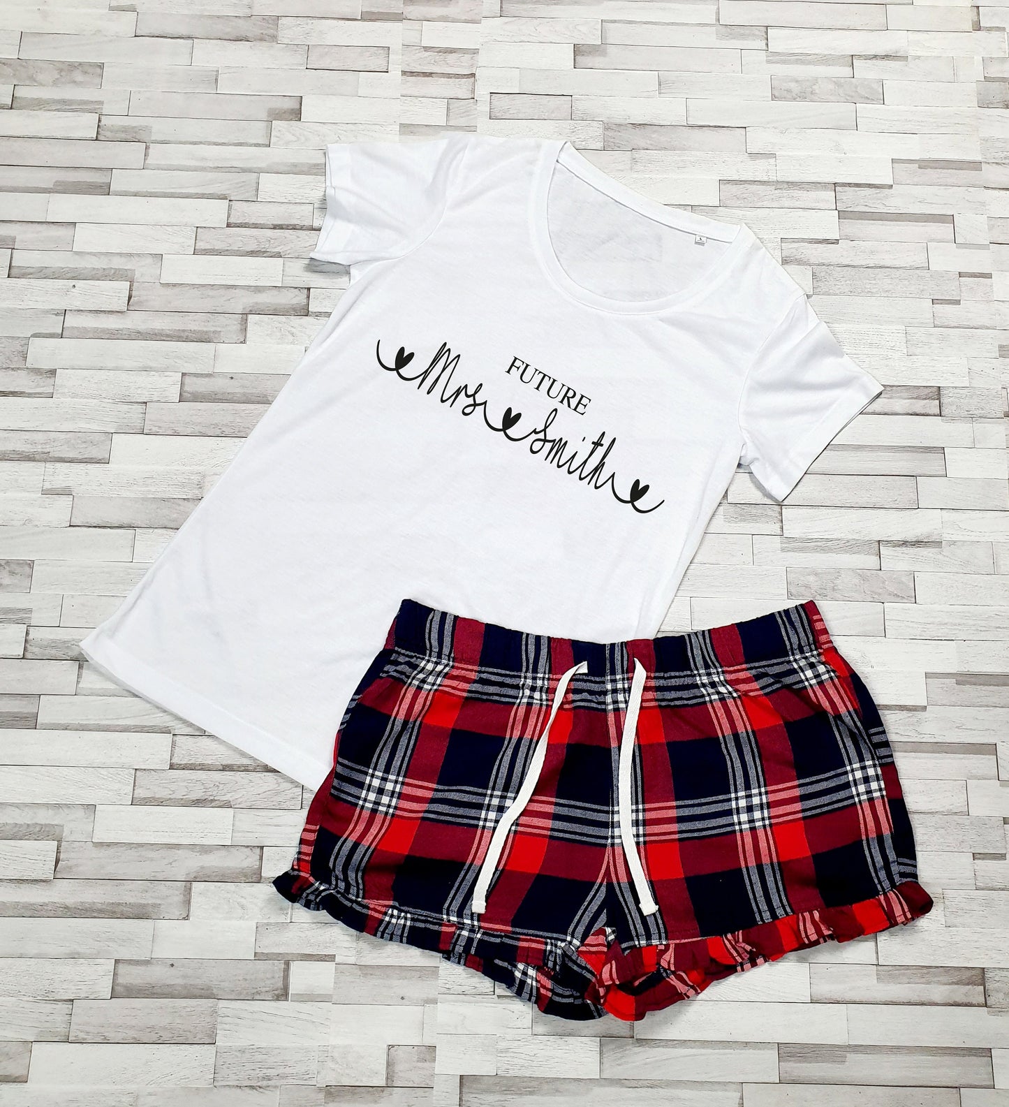 Personalised Future Mrs tartan shorts pyjama set with white t-shirt and red navy shorts