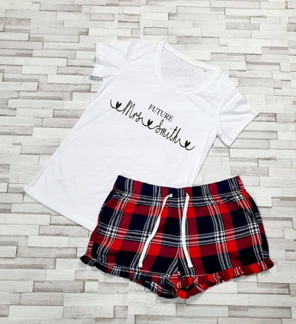 Personalised Future Mrs tartan shorts pyjama set with white t-shirt and red navy shorts