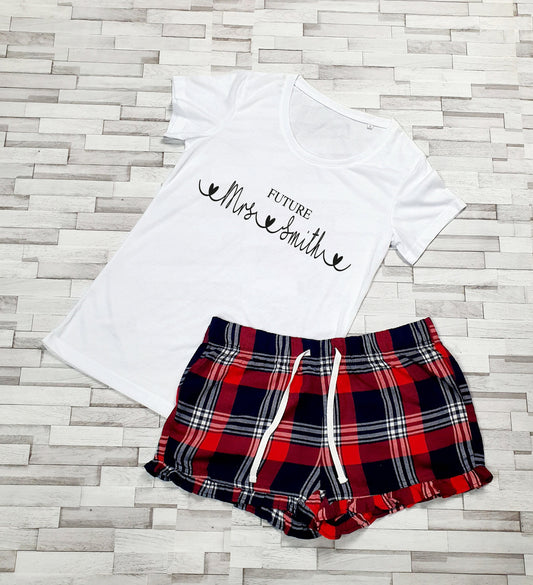 Personalised Future Mrs tartan shorts pyjama set with white t-shirt and red navy shorts