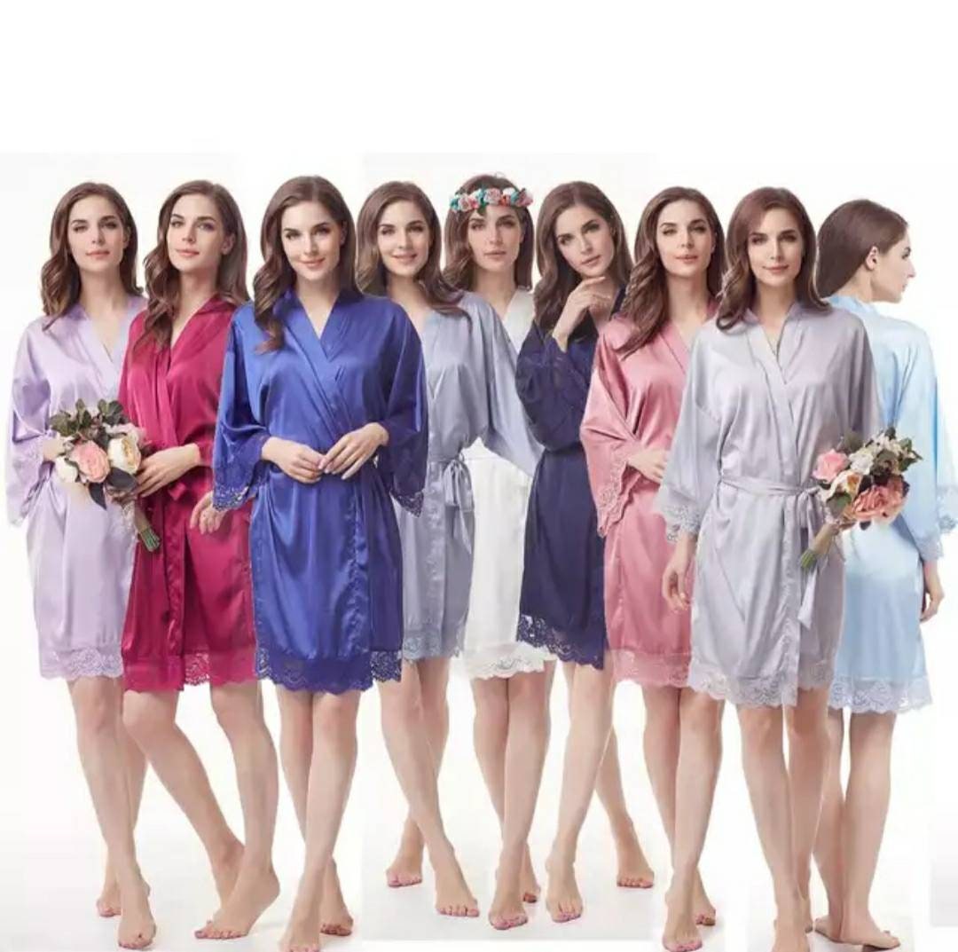 Personalised satin bridal robes in 6 colours including lavender, blush and champagne