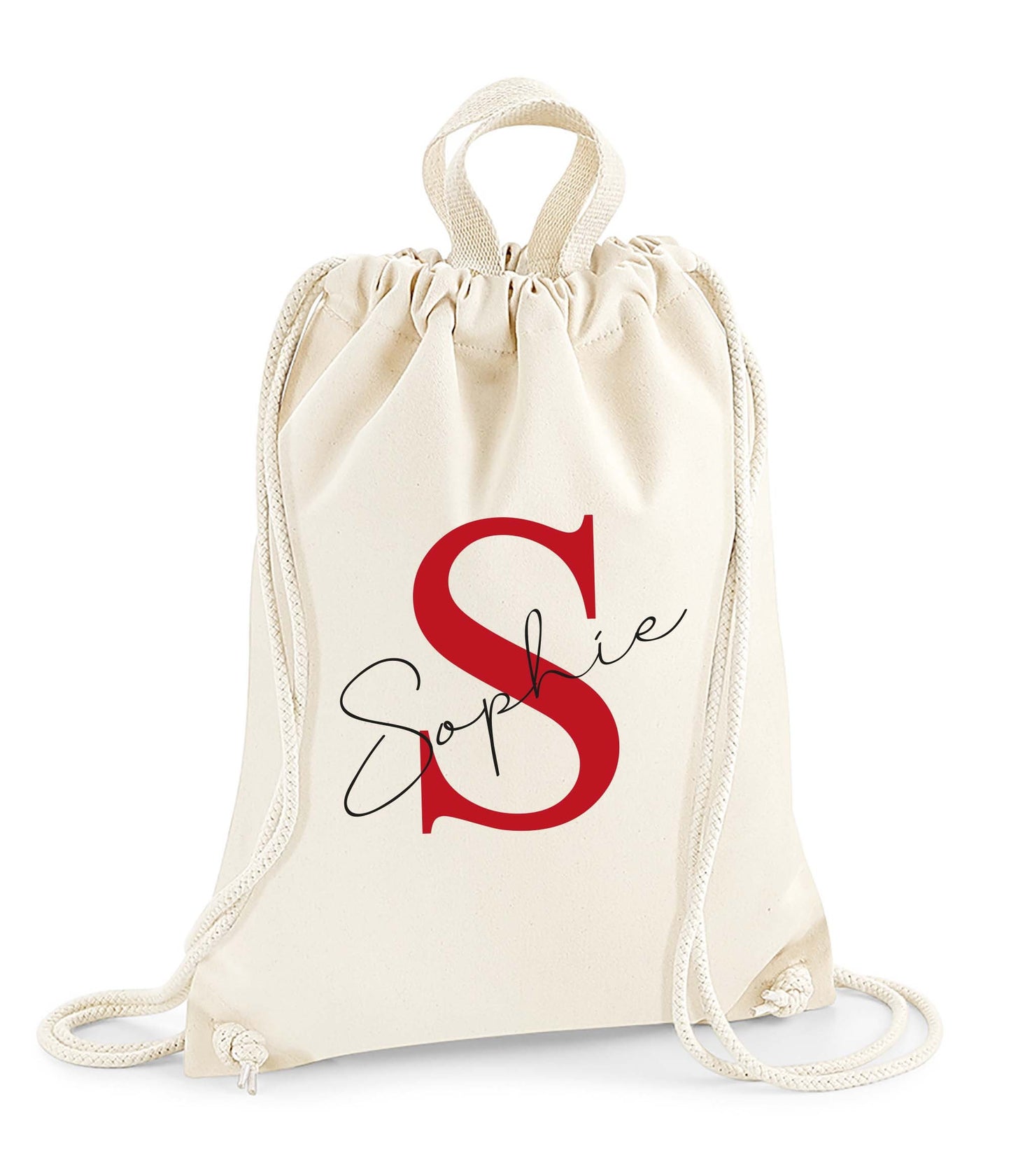 Close-up of personalised initial and name detail on cotton canvas gym sac