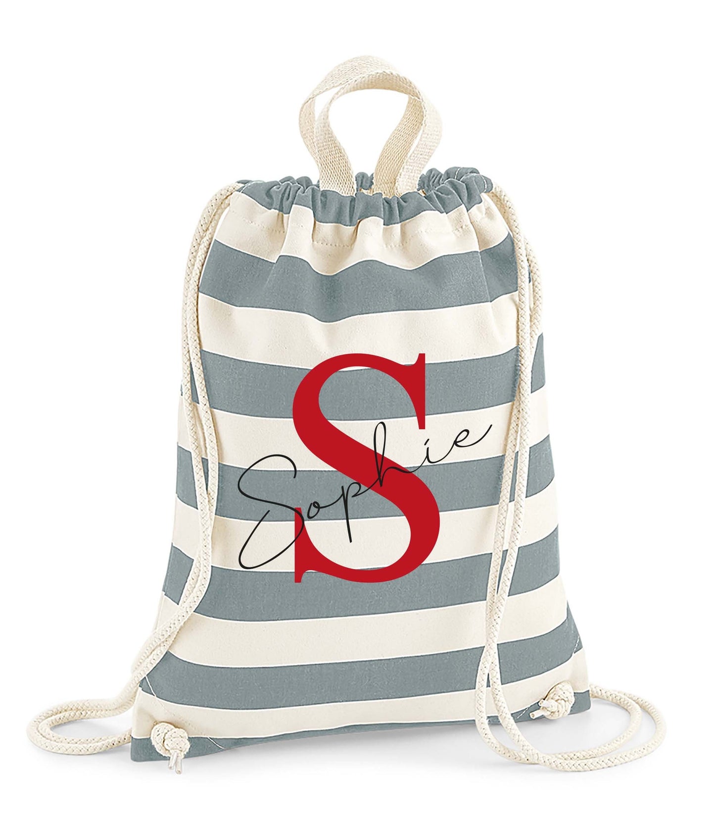Personalised drawstring gym bag for kids displayed hanging, perfect for PE and swimming
