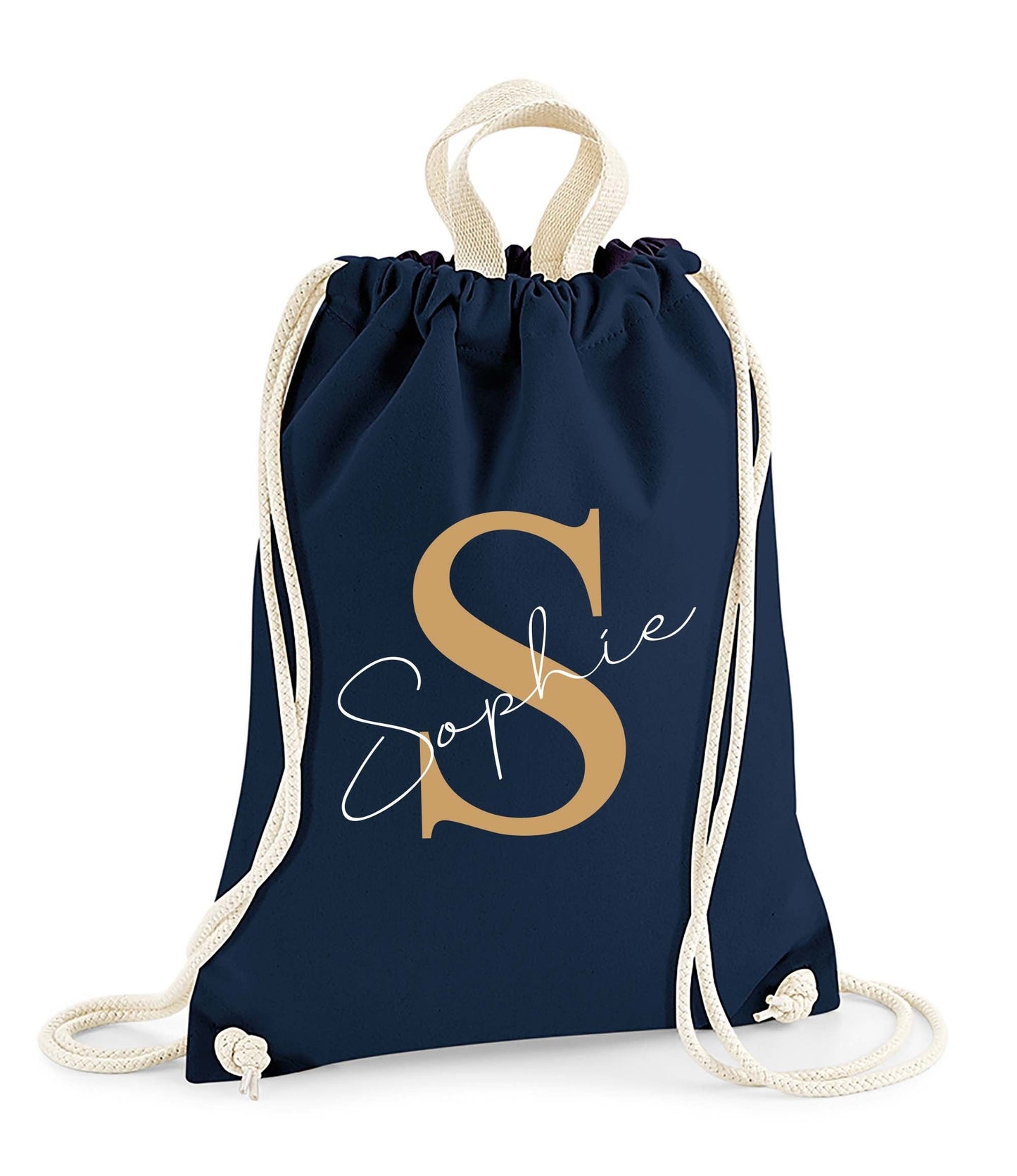 Personalised cotton drawstring gym sac for kids with custom initial and name in natural colour