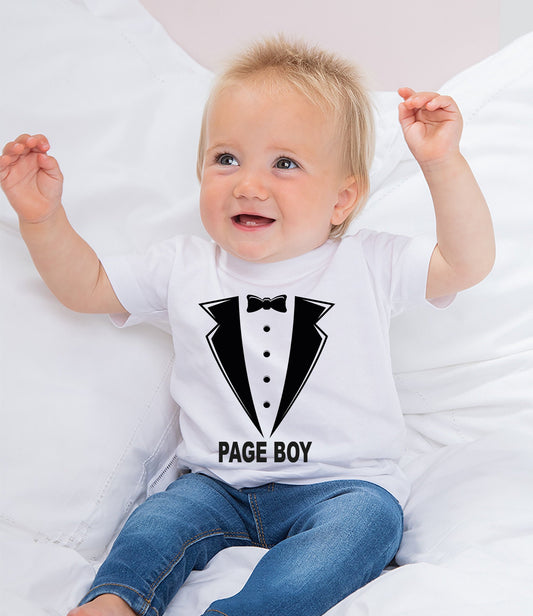 Custom name page boy shirt with printed bow-tie design and role on front, wedding outfit