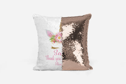 Personalised unicorn sequin pillows in multiple colours for flower girls and unicorn lovers