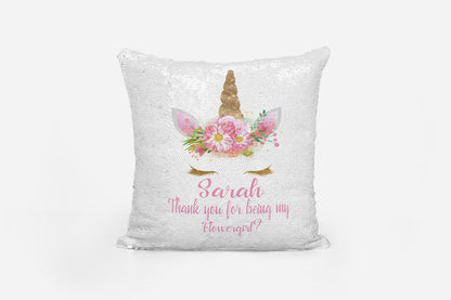 Personalised black unicorn sequin reversible cushion cover with sparkly sequin surface