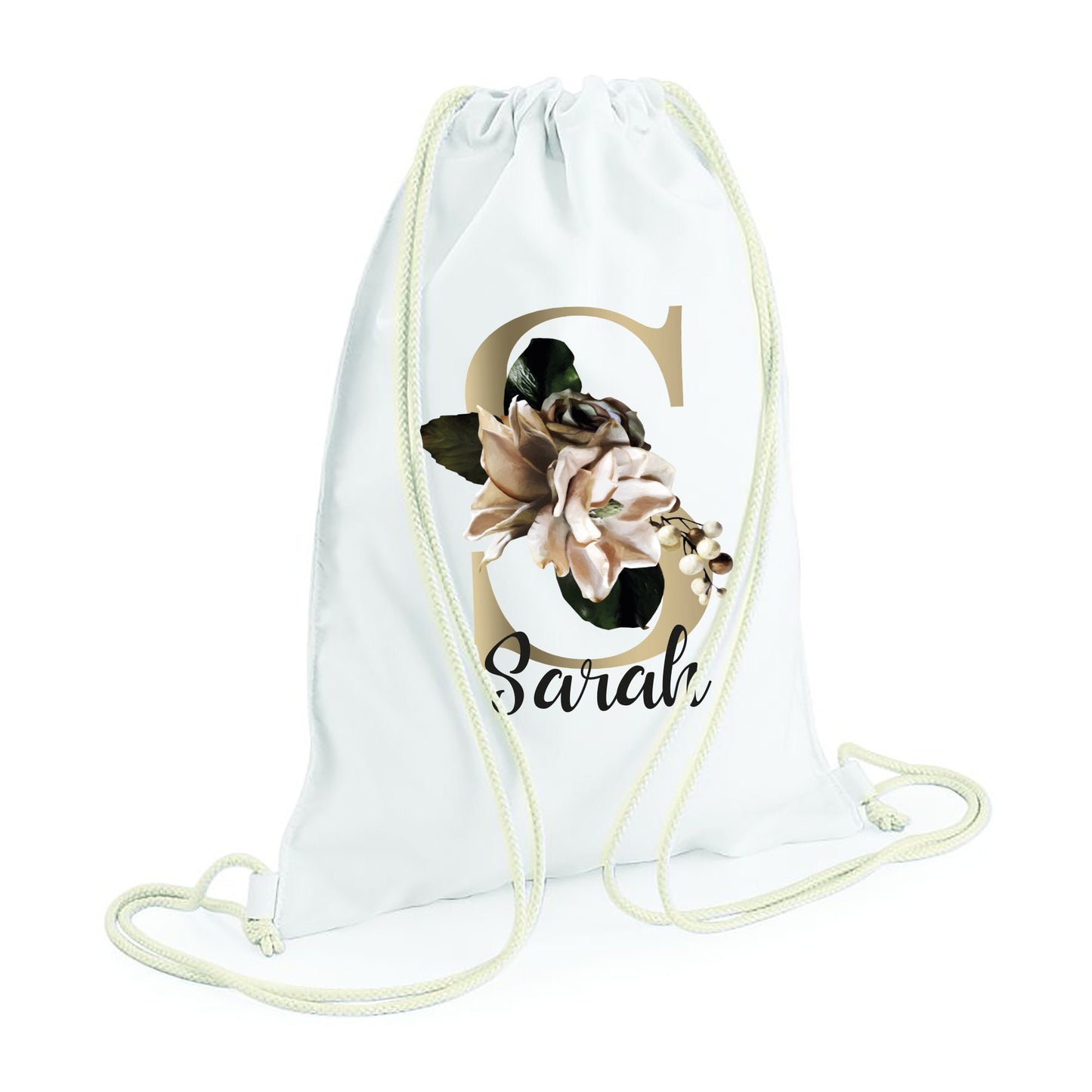 Personalised white drawstring bag with floral monogram design and name personalisation