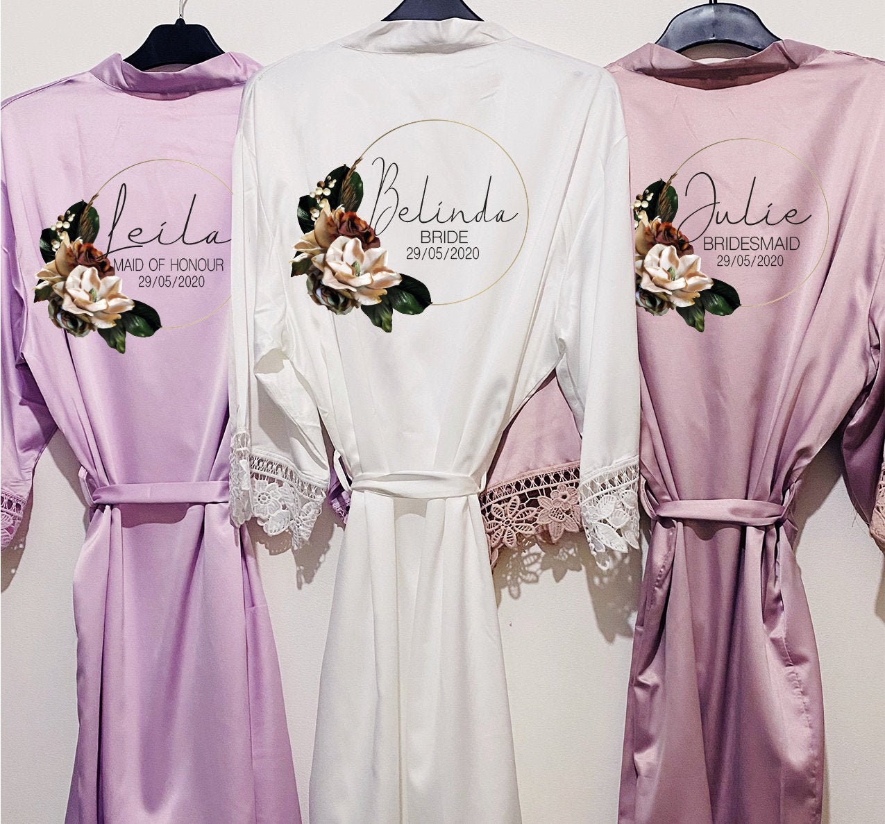 Personalised floral wreath wedding robe in white satin with custom monogram, name and role