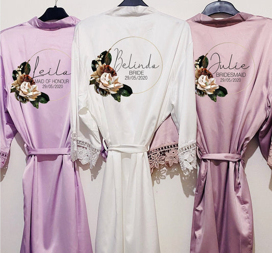 Personalised floral wreath wedding robe in white satin with custom monogram, name and role