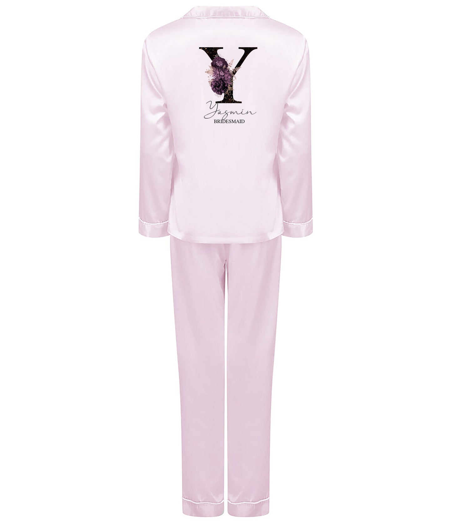 Personalised bridal pyjamas set showing contrast piping detail on collar and button-up shirt