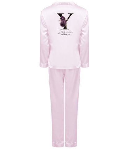 Personalised bridal pyjamas set showing contrast piping detail on collar and button-up shirt