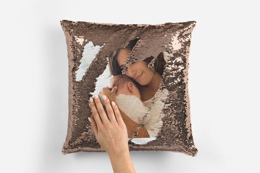 Personalised photo sequin reversible pillow showing custom photo revealed by swiping sequins