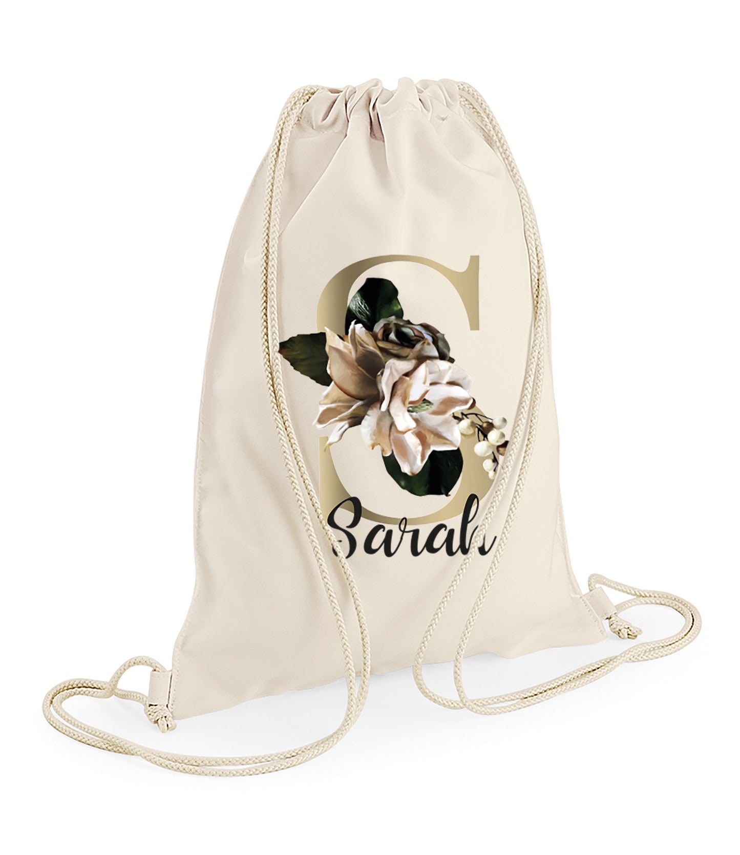 Personalised natural cotton drawstring bag with floral monogram and custom name for flower girls