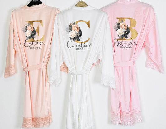 Personalised satin bridal robe in white with lace trim and floral monogram personalisation