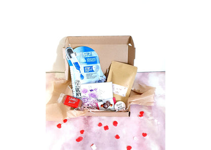 Pamper letterbox gift set with face mask, bath salt, card, pin badge and treats