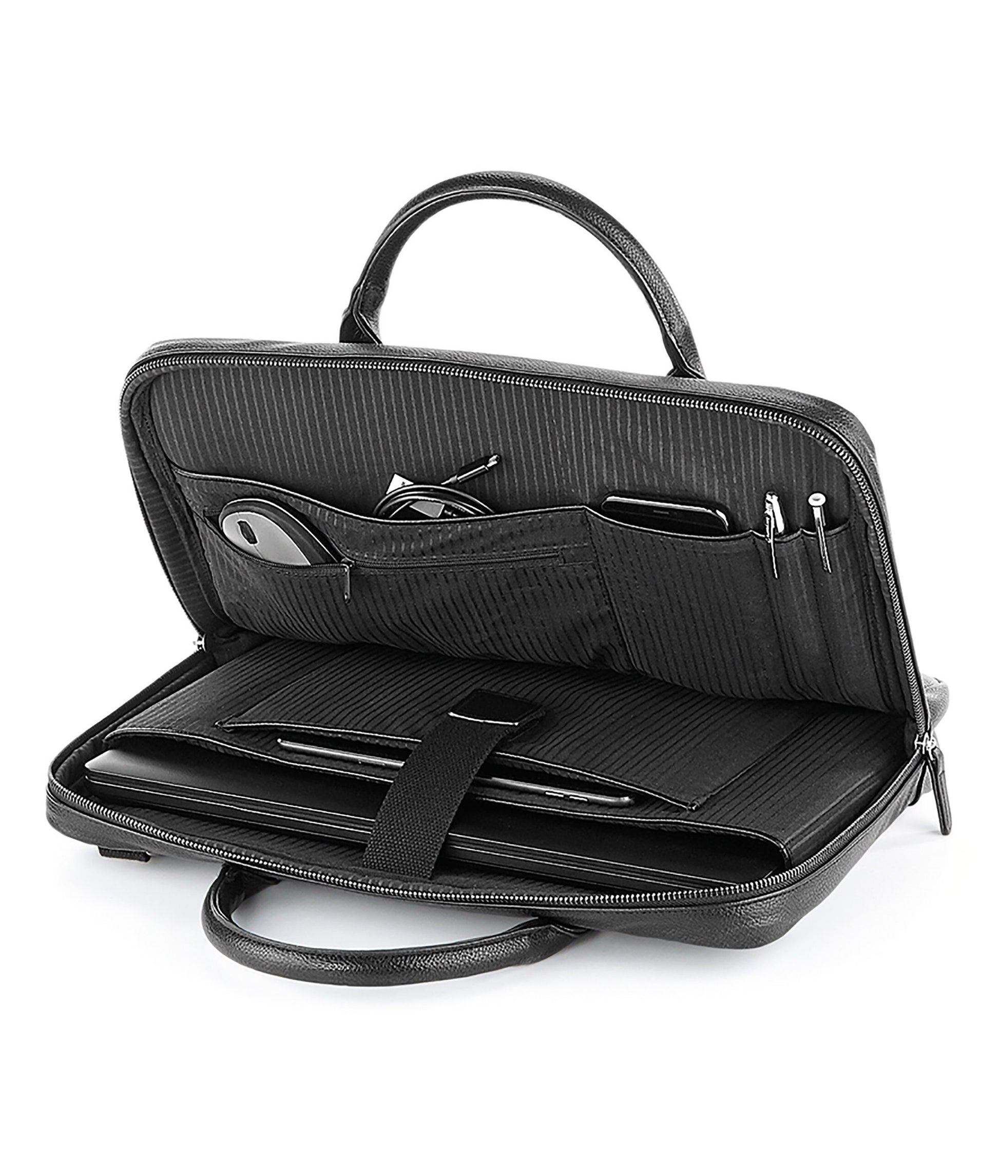 Interior of personalised laptop bag showing padded laptop pocket, tablet compartment and organiser section