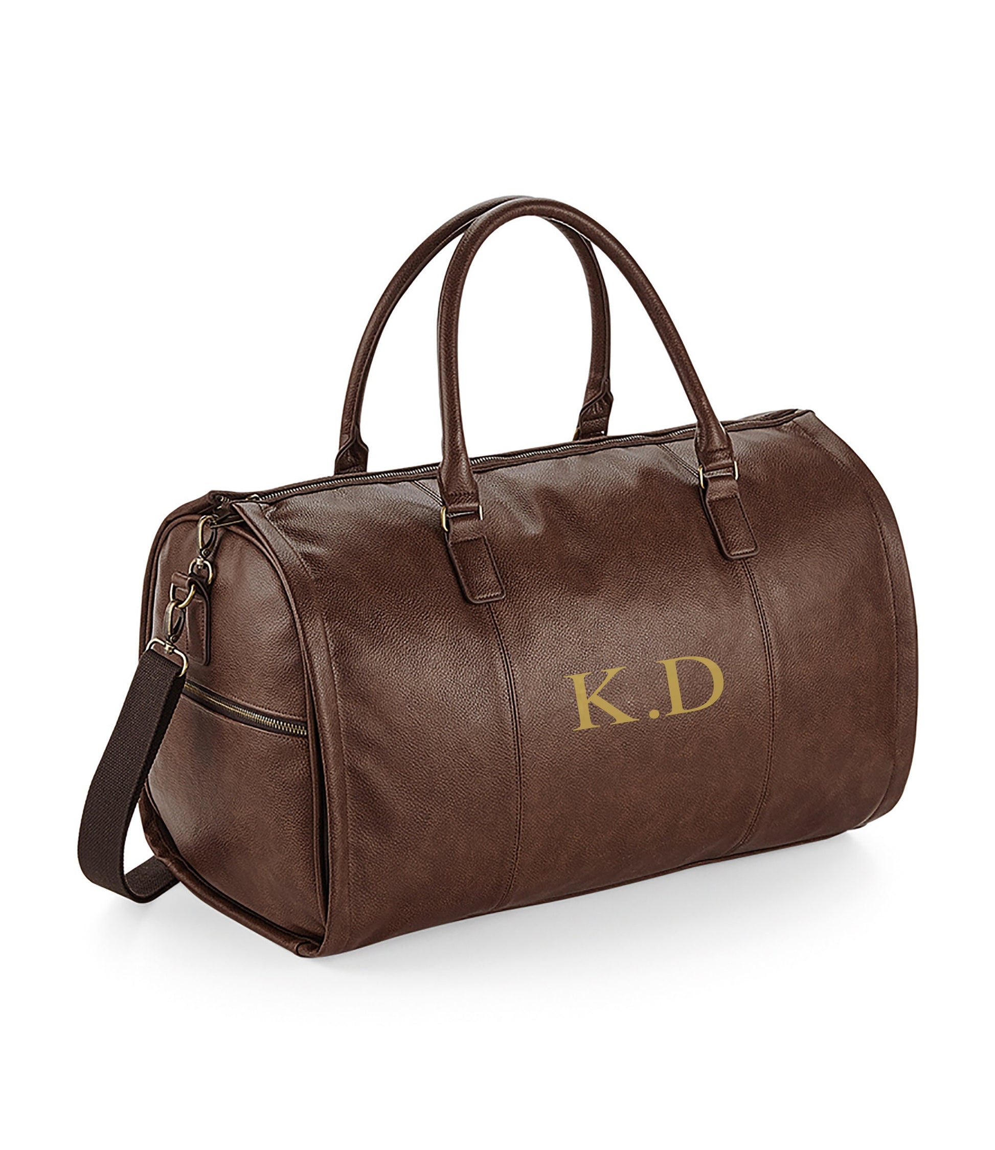 Personalised tan leather-look holdall showing NuHide PU leather material and carry handles