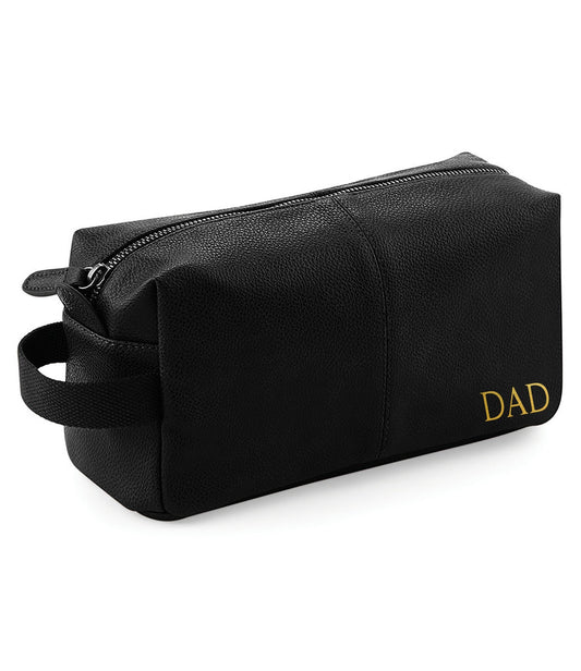 Personalised black leather-look wash bag with custom name and vintage metal fittings