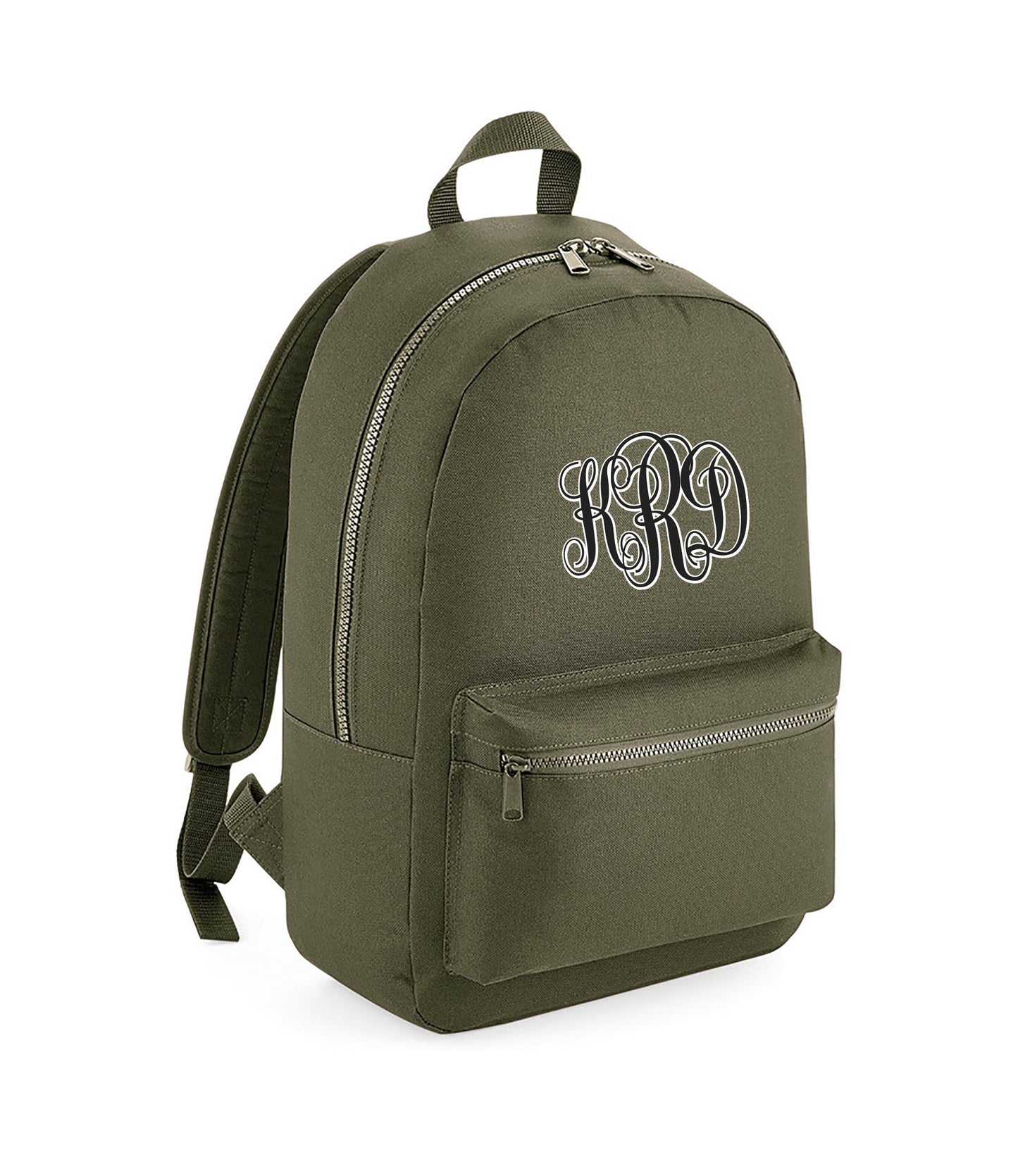 Personalised monogram backpacks in multiple colours showing two-tone initial design
