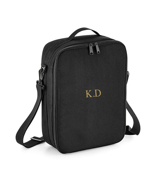 Personalised camera organiser bag with custom name, protective foam construction and shoulder strap