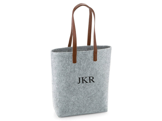 Personalised monogram felt beach bag with leather-look PU straps and custom initials