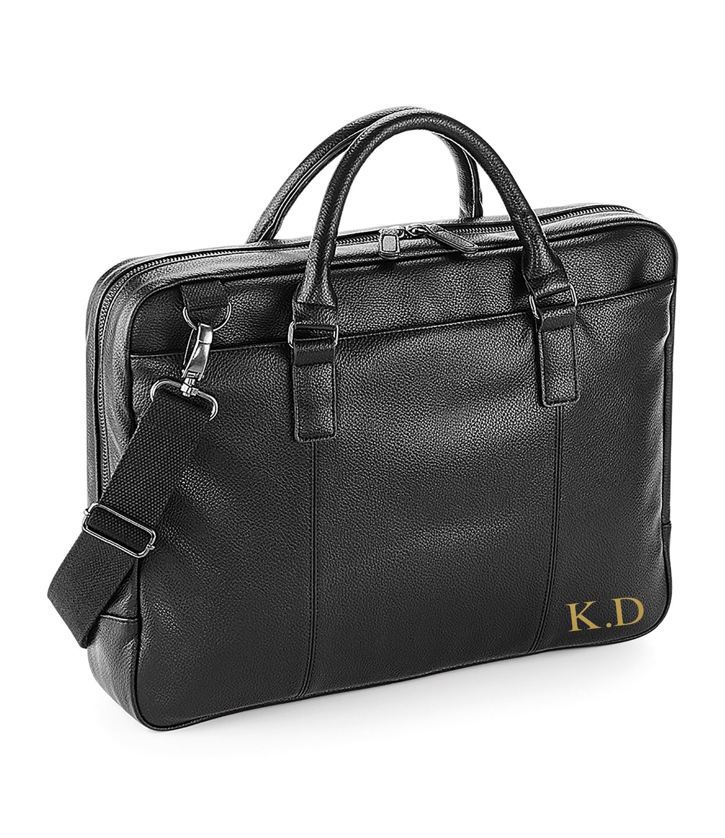 Personalised leather-look laptop briefcase with custom name, fits 15.6 inch laptops with gunmetal fittings