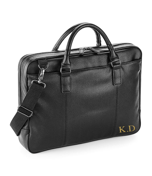 Personalised leather-look laptop briefcase with custom name, fits 15.6 inch laptops with gunmetal fittings