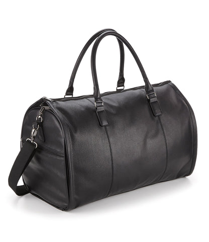 Interior of personalised holdall bag showing garment section, shoe pocket and pinstripe lining