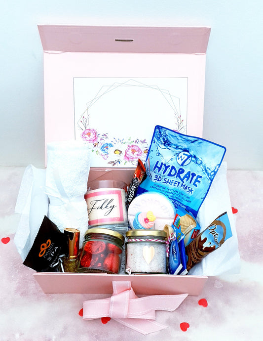 Smile of Happiness personalised gift box filled with candle, face mask, bath salts and treats