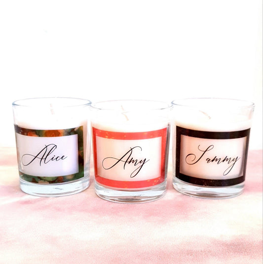 Personalised scented candle with floral design and custom name