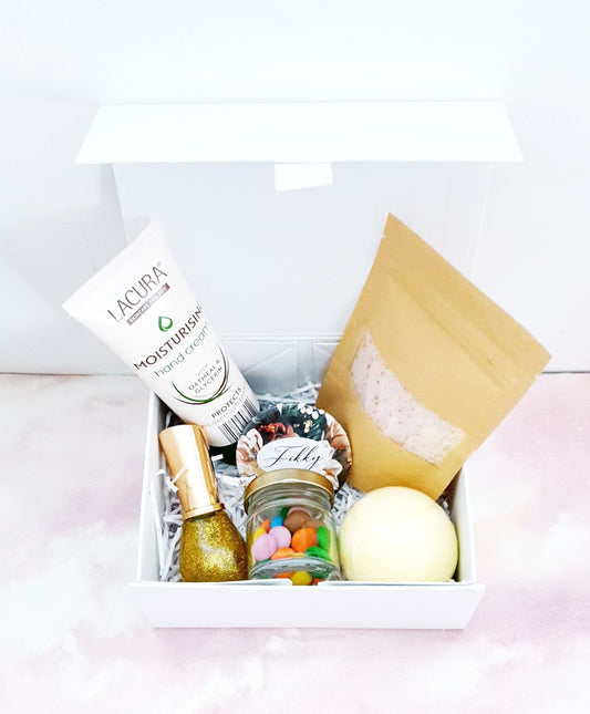 Personalised happy birthday gift box set with mirror, bath bomb, nail polish and sweeties