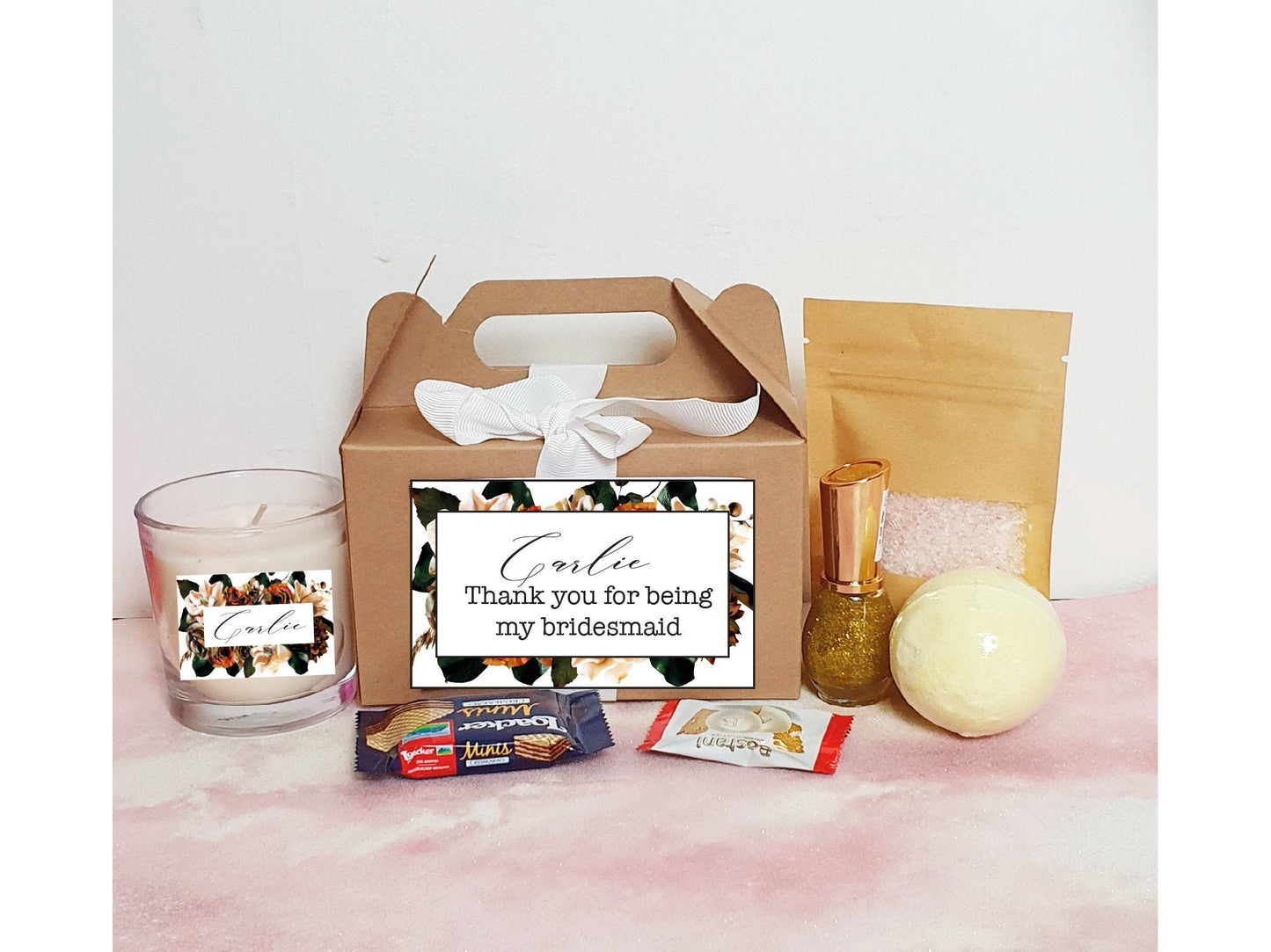 Personalised spa gift box with bath bomb, candle, bath salts, nail polish and treats