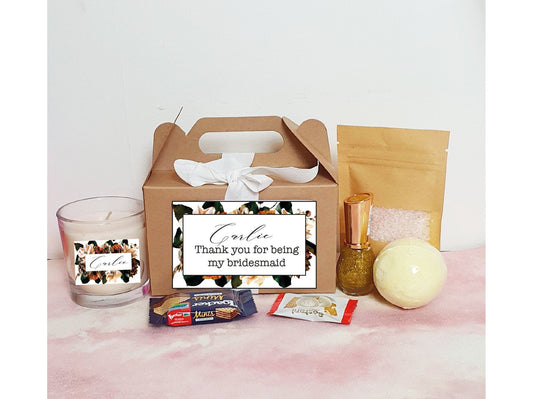 Personalised spa gift box with bath bomb, candle, bath salts, nail polish and treats
