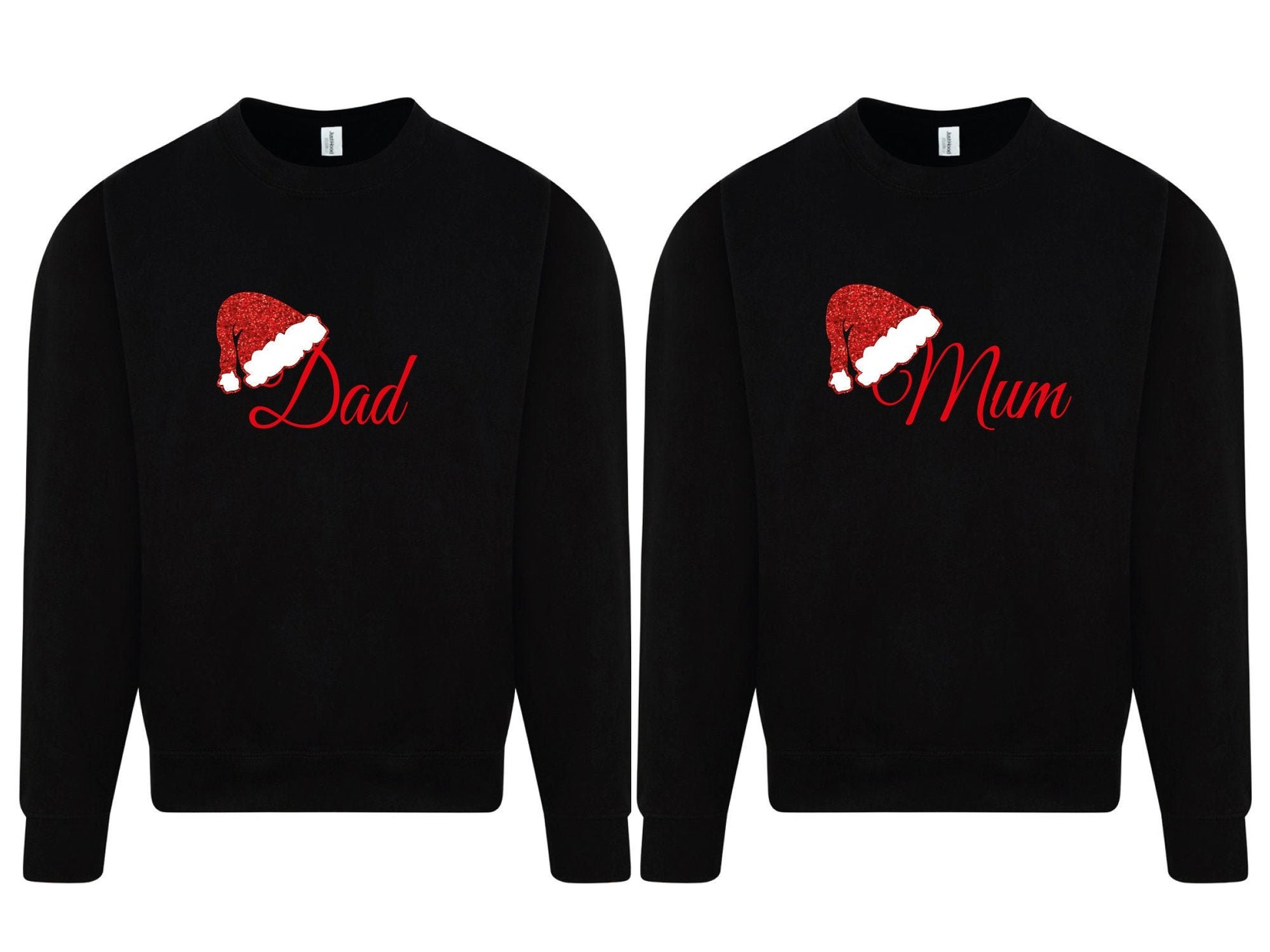 Personalised matching family Christmas jumper in black with glitter Santa hat and name design