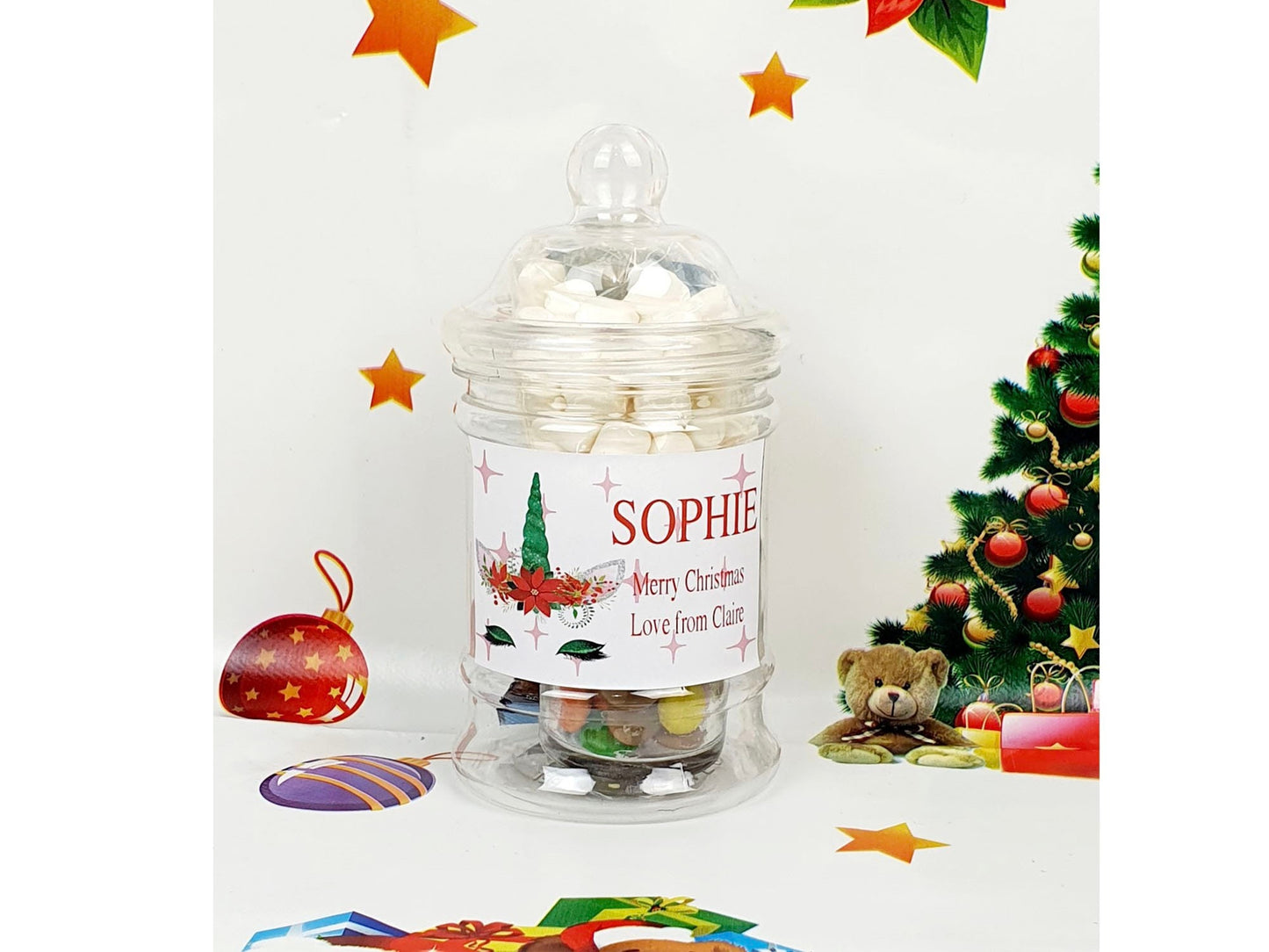 Personalised unicorn Christmas treat jar filled with marshmallows, chocolate and candy cane